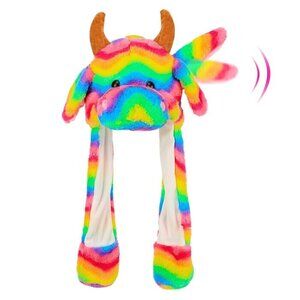Hopearl Rainbow Cow Hat with Ears Moving Jumping Pop Up Beating Plush , 22''